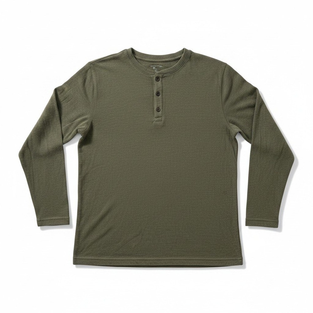 G.H. Bass & Co Mens L Green Waffle Knit Henley Long‎ Sleeve Shirt Vintage Casual